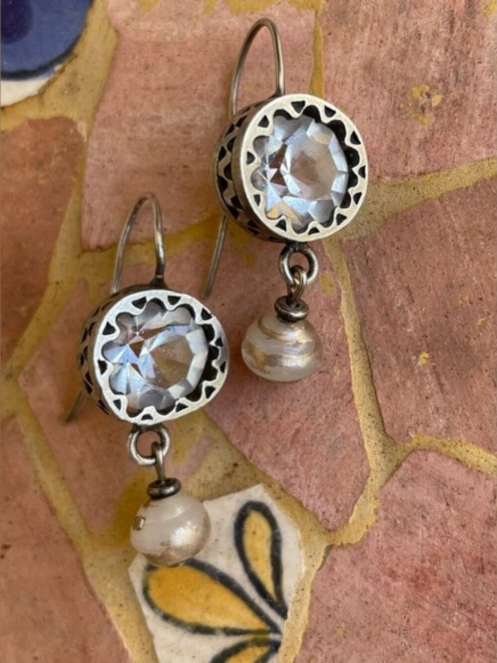 Vintage Boho Sterling Silver Crystal & Faux Pearl Dangle Earrings